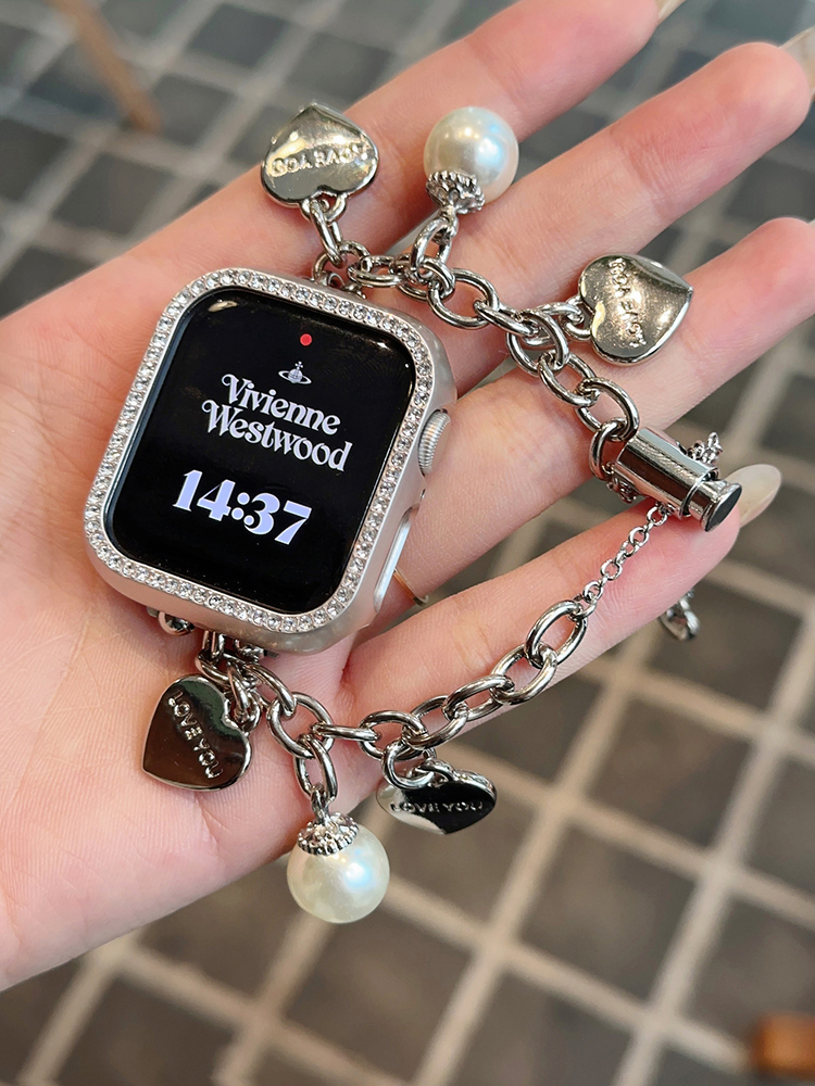 Heart and Pearl Pendant Bracelet Stainless Steel Band