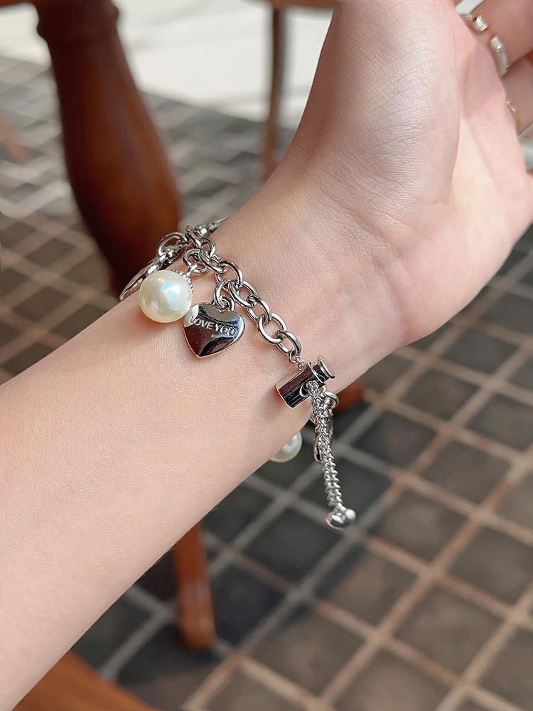 Heart and Pearl Pendant Bracelet Stainless Steel Band