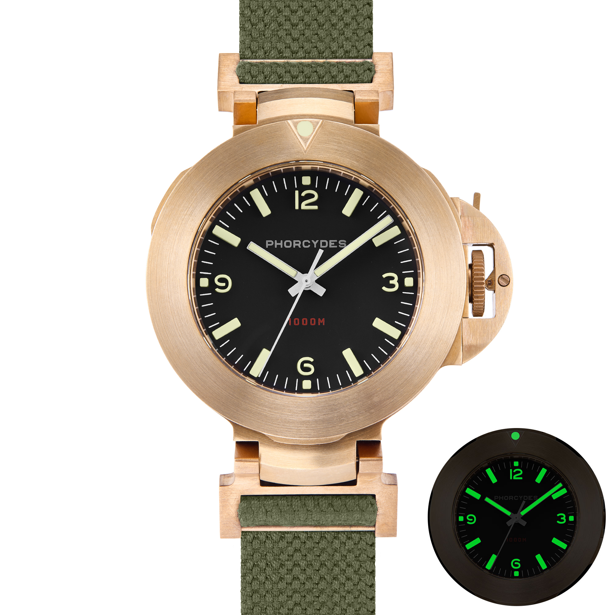 PHB-1 CuSn8 homage dive watch ANNO 1985 bronze prototype with green strap