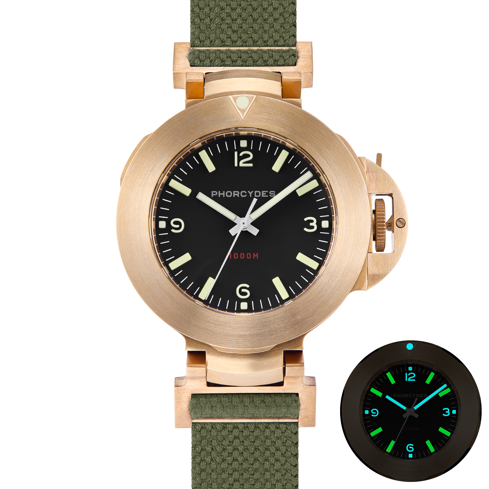 PHB-1 CuSn8 homage dive watch ANNO 1985 bronze prototype with green strap