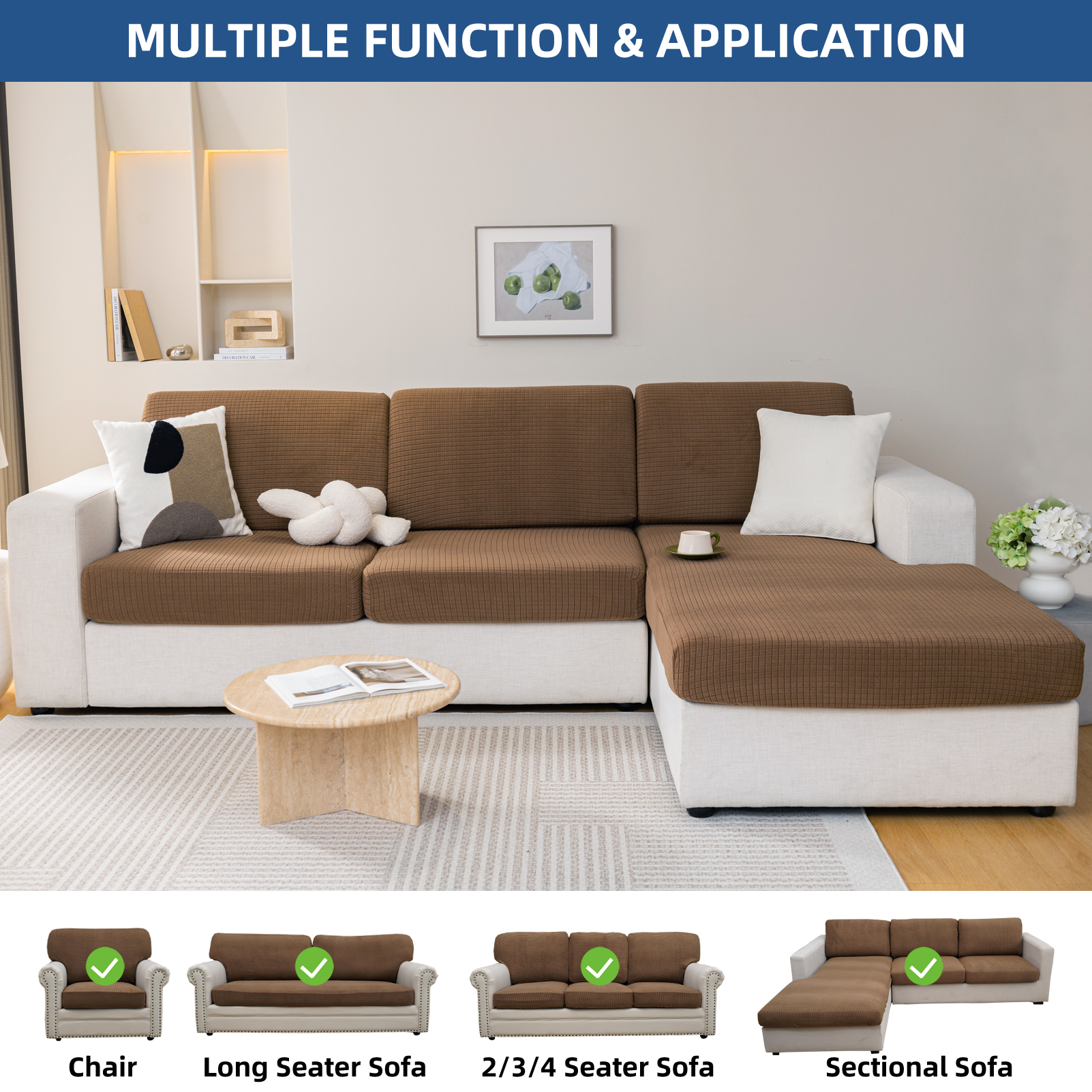 Eismodra Couch Cushion Covers Magic Stretch Sofa Slipcover for 3 Cushion Couch Dogs Pet L Shape 2 Seat Replacement Furniture Protector,Light Brown(Only 1 Piece)