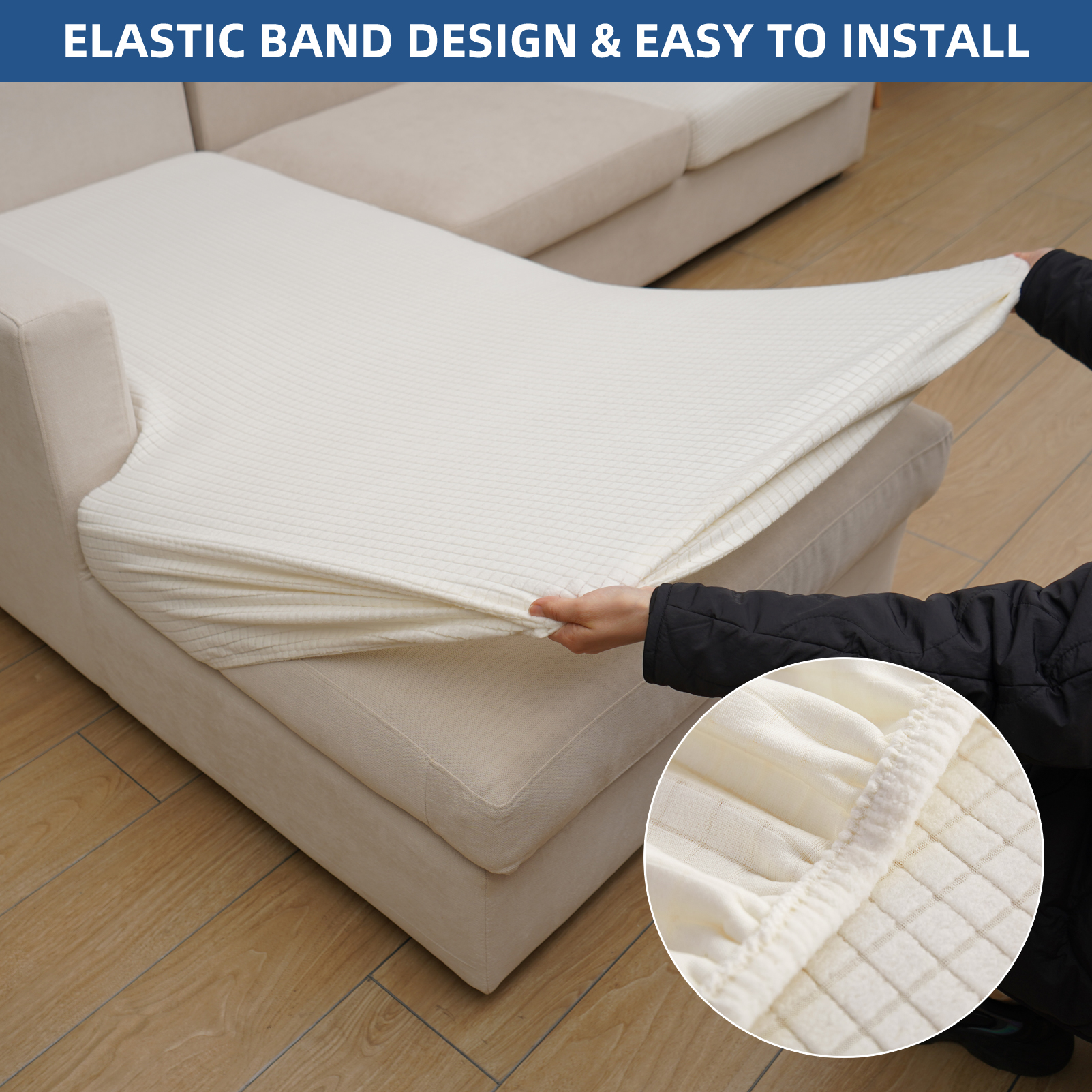 Eismodra Couch Cushion Covers Magic Stretch Sofa Slipcover for 3 Cushion Couch Dogs Pet L Shape 2 Seat Replacement Furniture Protector,Cream White(Only 1 Piece)