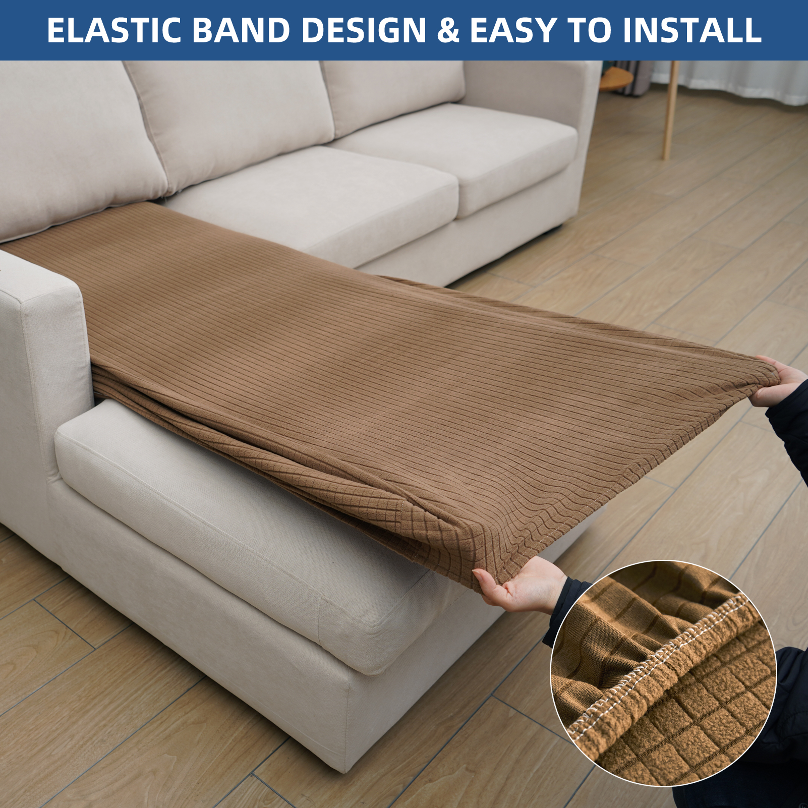 Eismodra Couch Cushion Covers Magic Stretch Sofa Slipcover for 3 Cushion Couch Dogs Pet L Shape 2 Seat Replacement Furniture Protector,Light Brown(Only 1 Piece)