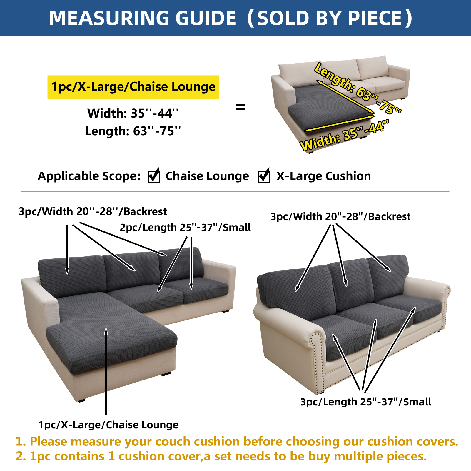 Eismodra Couch Cushion Covers Magic Stretch Sofa Slipcover for 3 Cushion Couch Dogs Pet L Shape 2 Seat Replacement Furniture Protector,Dark Gray(Only 1 Piece)