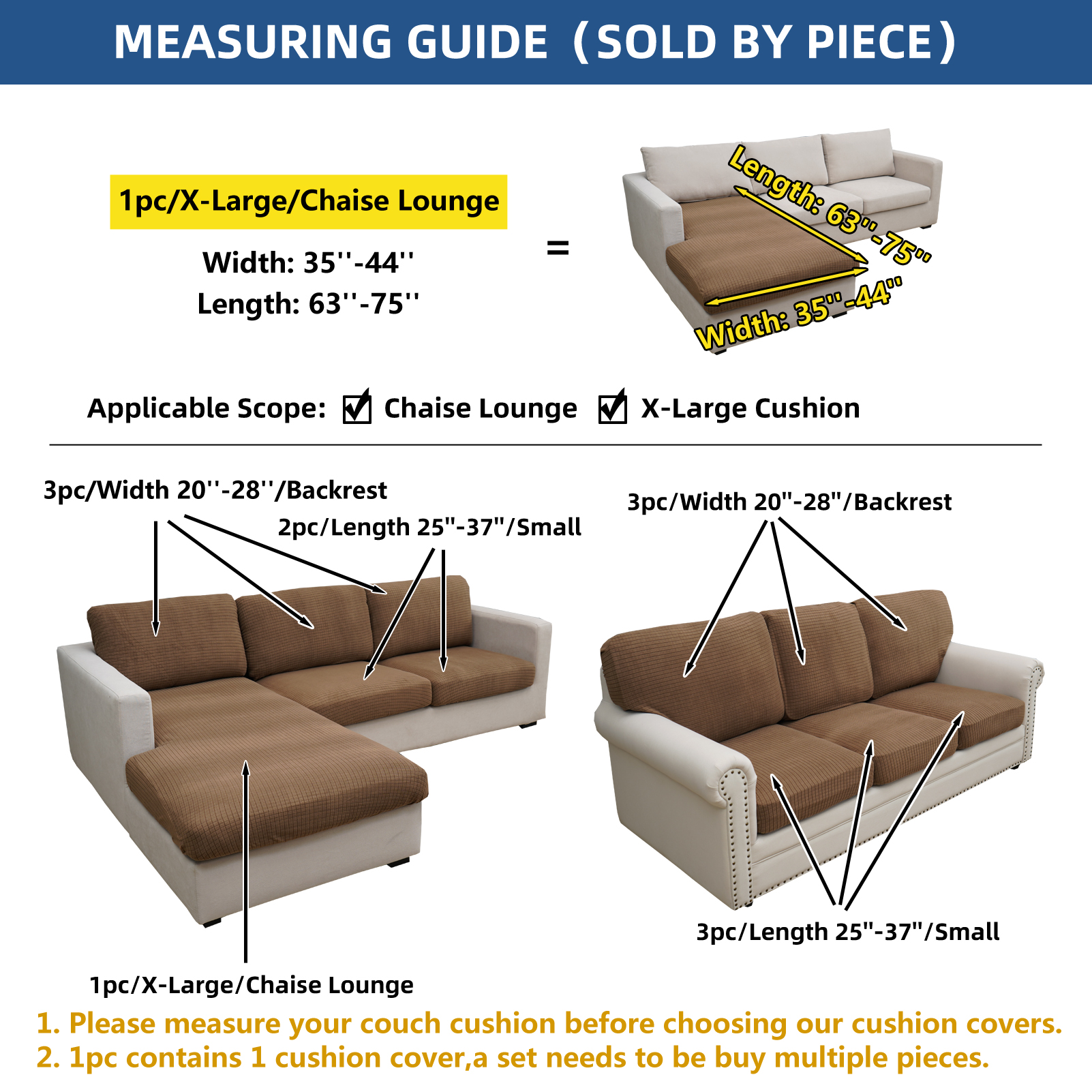 Eismodra Couch Cushion Covers Magic Stretch Sofa Slipcover for 3 Cushion Couch Dogs Pet L Shape 2 Seat Replacement Furniture Protector,Light Brown(Only 1 Piece)