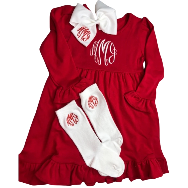 Girls Monogram Christmas Red Long Sleeve Dress with Bow and Socks