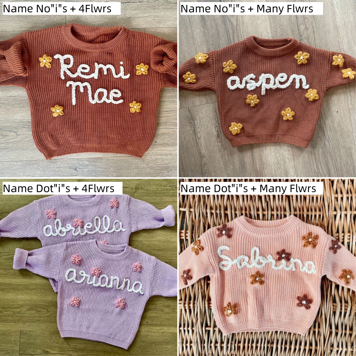 FLOWER Baby Name Sweater Hand Embroidered Knit Sweater