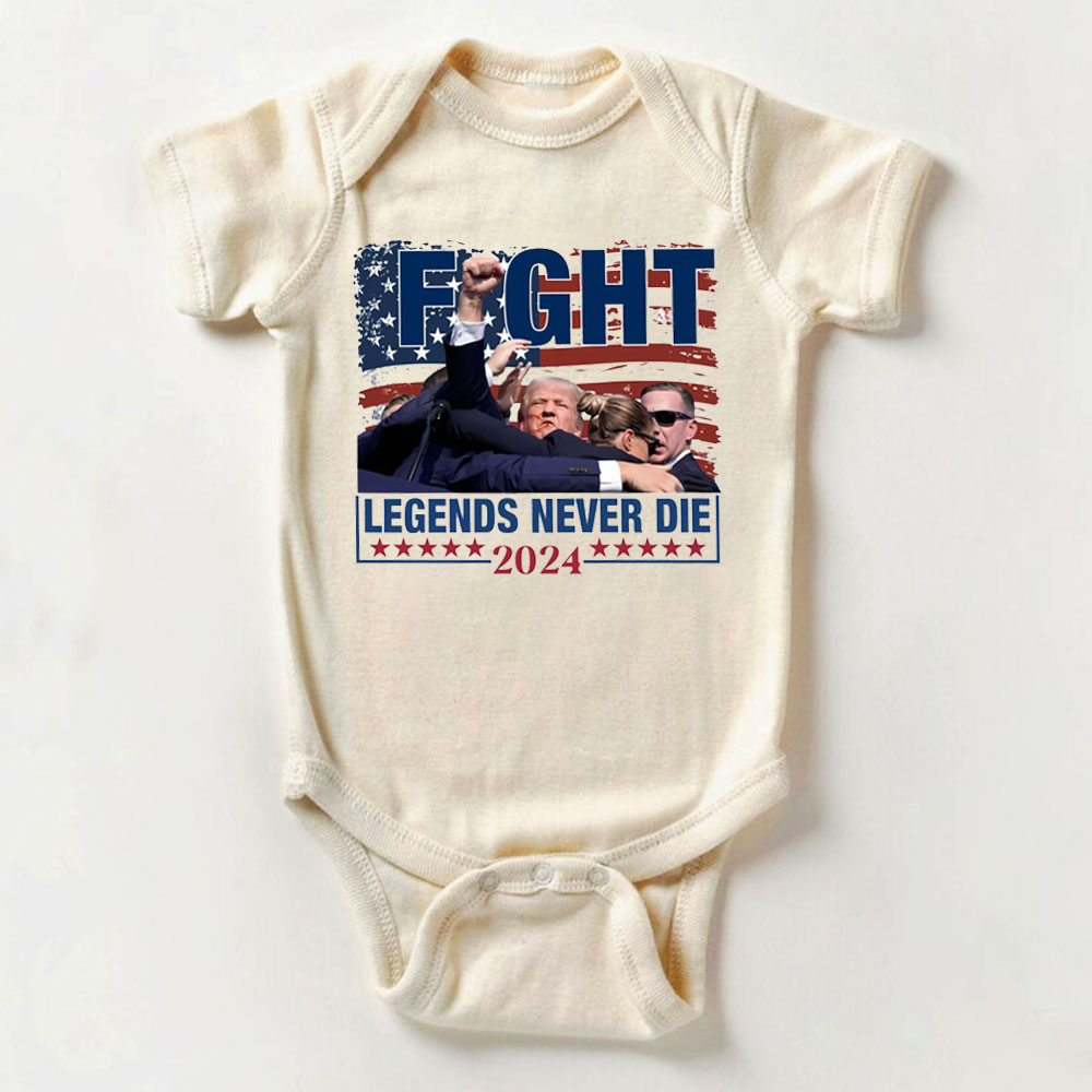FIGHT, Legends Never Die Trump 2024 Baby Onesie and Kids Tee