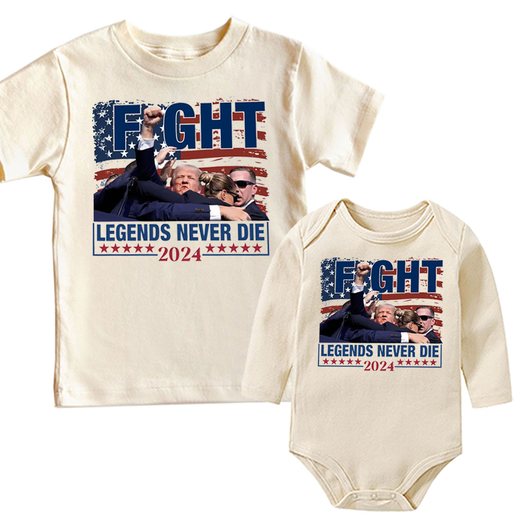 FIGHT, Legends Never Die Trump 2024 Baby Onesie and Kids Tee