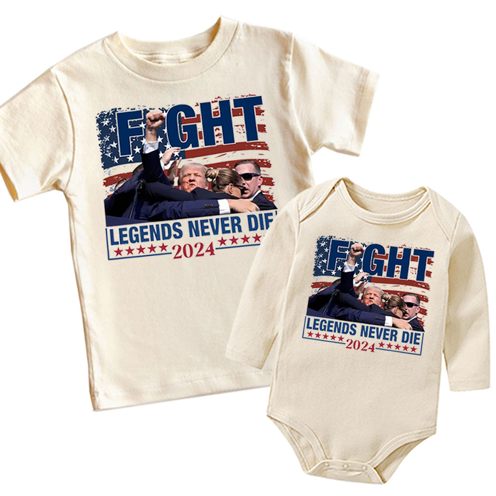 FIGHT, Legends Never Die Trump 2024 Baby Onesie and Kids Tee