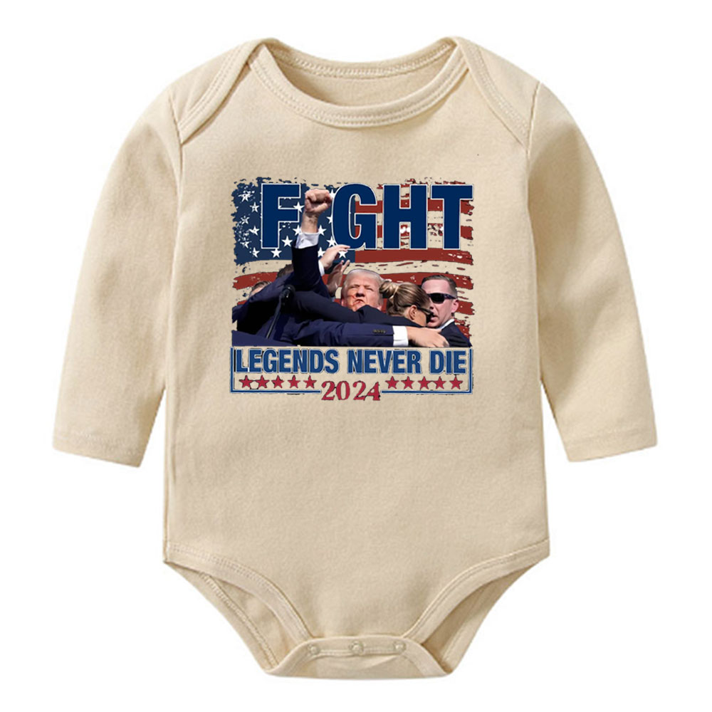 FIGHT, Legends Never Die Trump 2024 Baby Onesie and Kids Tee