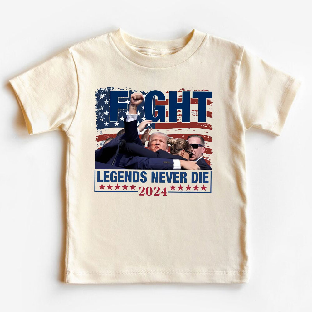 FIGHT, Legends Never Die Trump 2024 Baby Onesie and Kids Tee