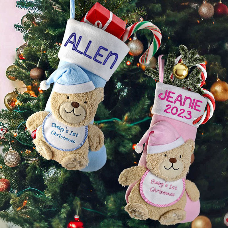 Personalized Baby 1st Christmas Stocking with 3D Teddy
