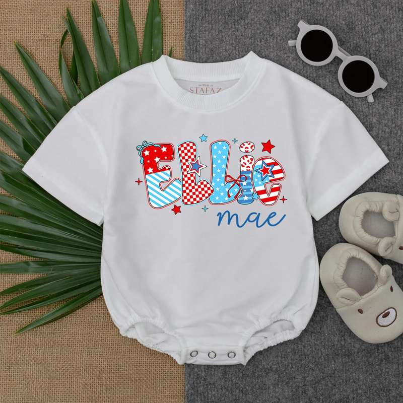 Personalized 4th of July Baby Bubble Romper, Custom Bow Name T-shirt Romper for Girls, Independence Day Outfit