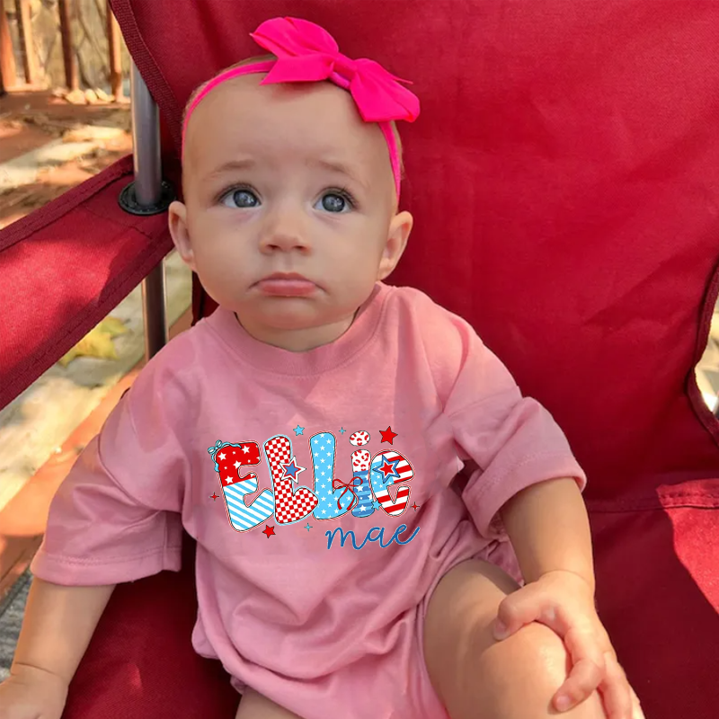 Personalized 4th of July Baby Bubble Romper, Custom Bow Name T-shirt Romper for Girls, Independence Day Outfit