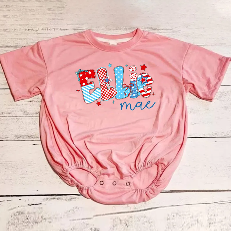 Personalized 4th of July Baby Bubble Romper, Custom Bow Name T-shirt Romper for Girls, Independence Day Outfit