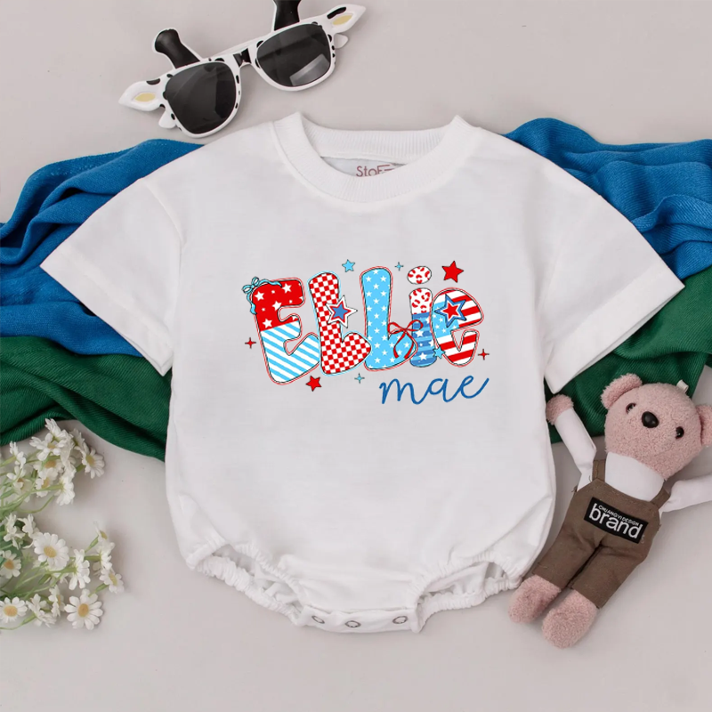 Personalized 4th of July Baby Bubble Romper, Custom Bow Name T-shirt Romper for Girls, Independence Day Outfit