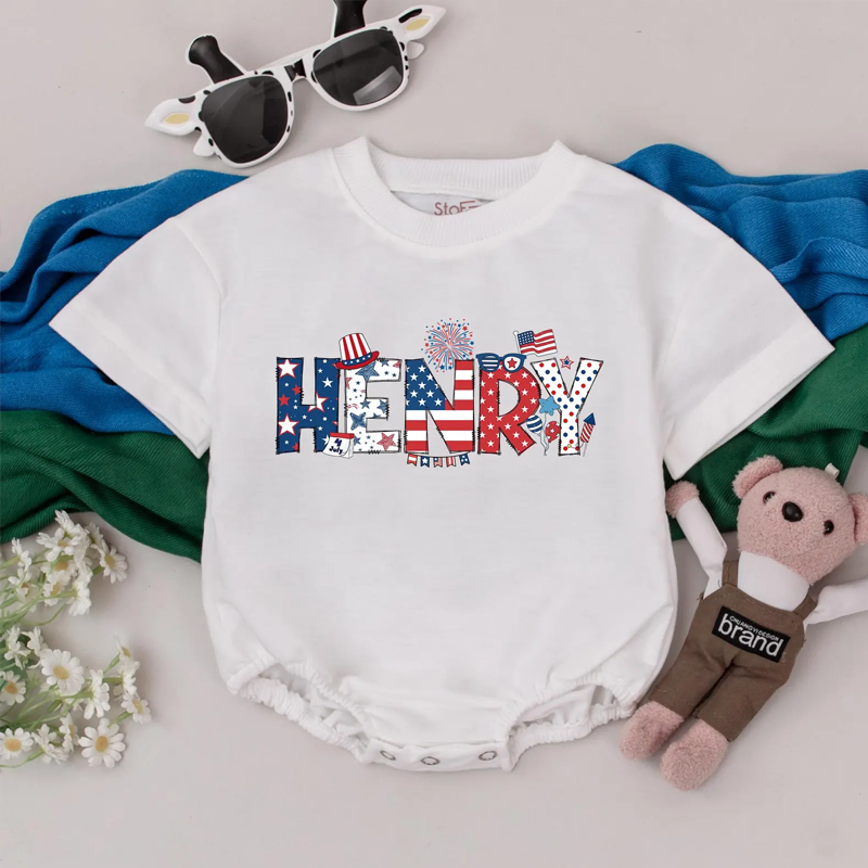 Personalized First 4th of July Baby Romper – Adorable Red White Blue Bubble Outfit