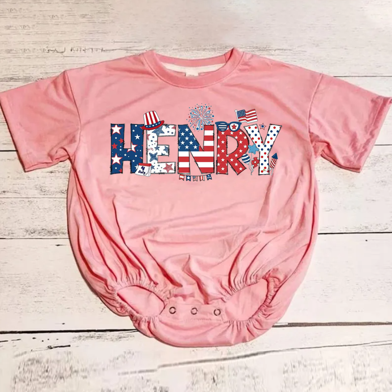 Personalized First 4th of July Baby Romper – Adorable Red White Blue Bubble Outfit