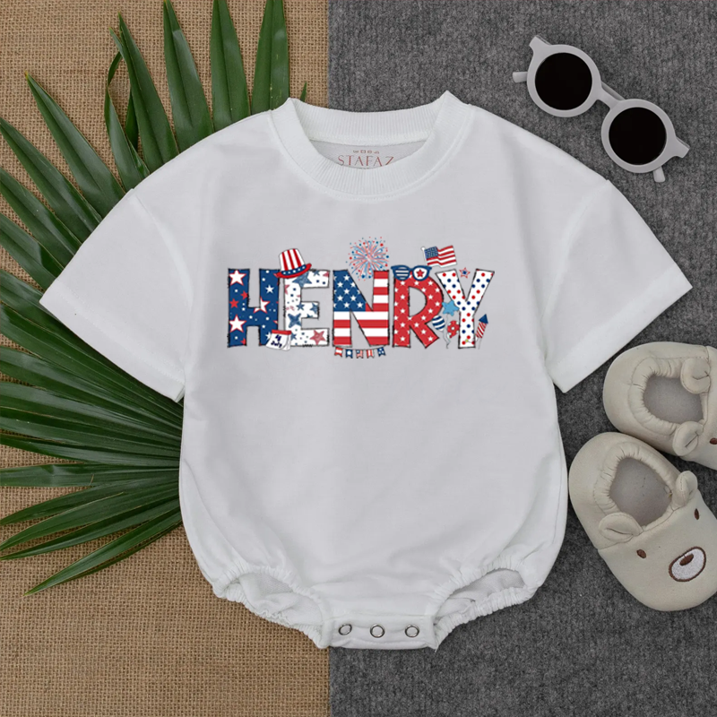 Personalized First 4th of July Baby Romper – Adorable Red White Blue Bubble Outfit
