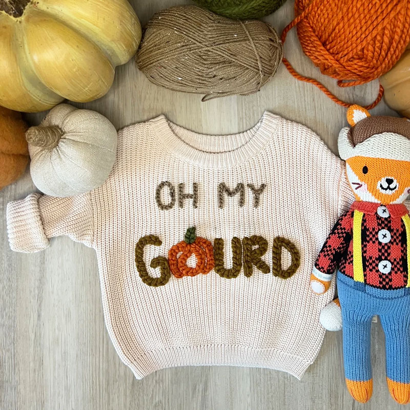 Baby Hand Embroidered Fall Knit Sweater Oh My Gourd