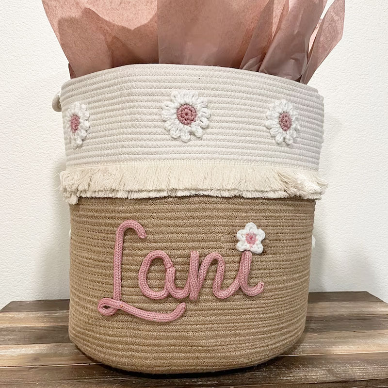 Baby Large Rope Name Basket Flowers Design