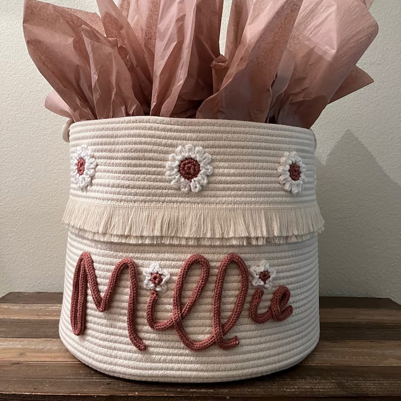 Baby Large Rope Name Basket Flowers Design
