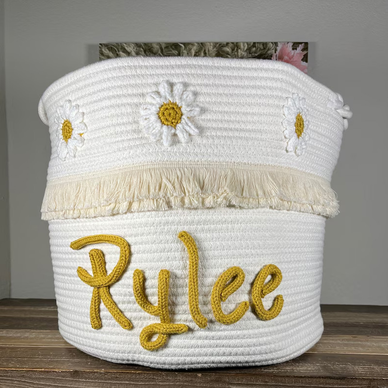 Baby Large Rope Name Basket Flowers Design