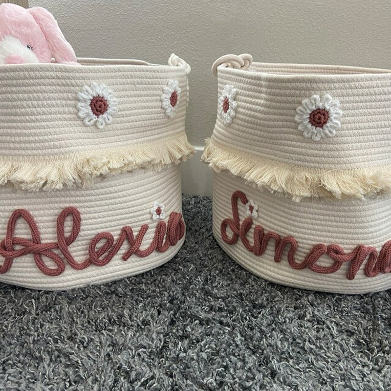 Baby Large Rope Name Basket Flowers Design