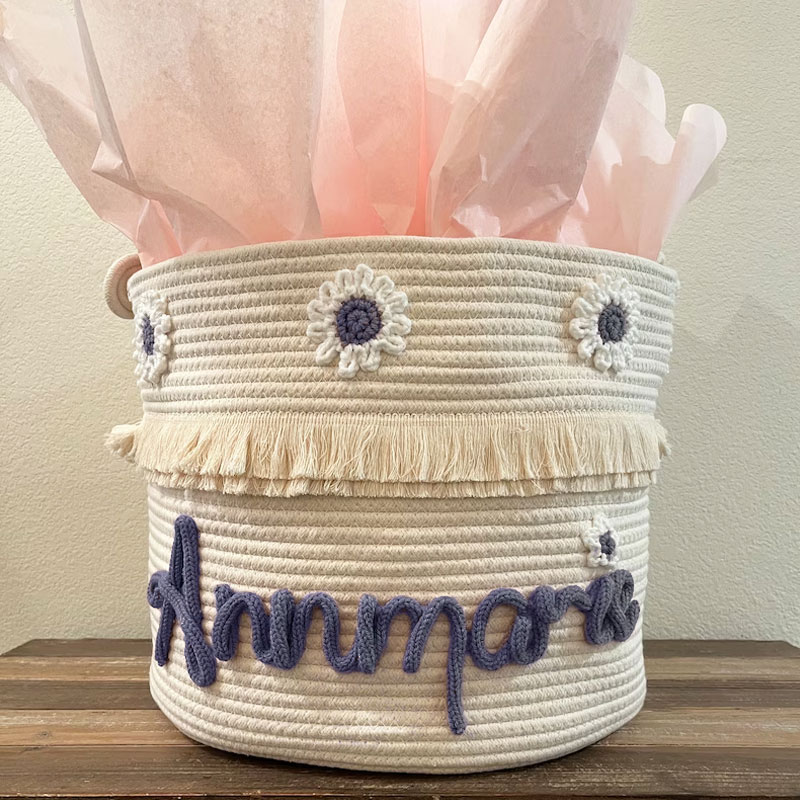 Baby Large Rope Name Basket Flowers Design