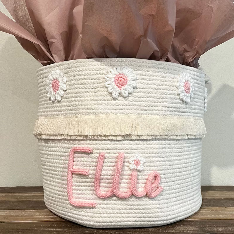 Baby Large Rope Name Basket Flowers Design