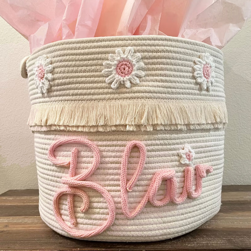Baby Large Rope Name Basket Flowers Design