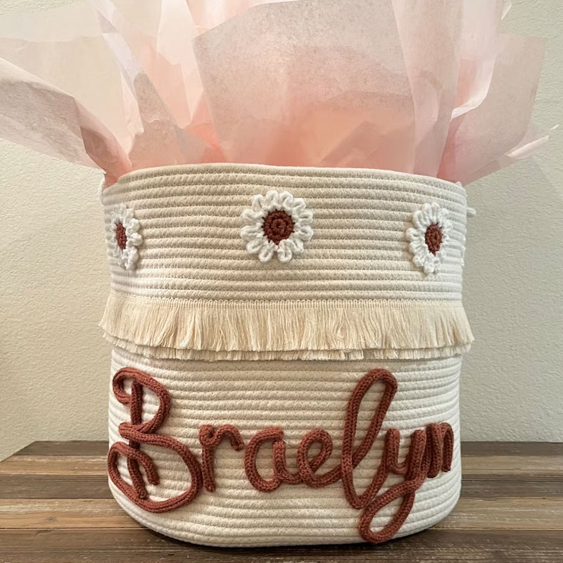 Baby Large Rope Name Basket Flowers Design