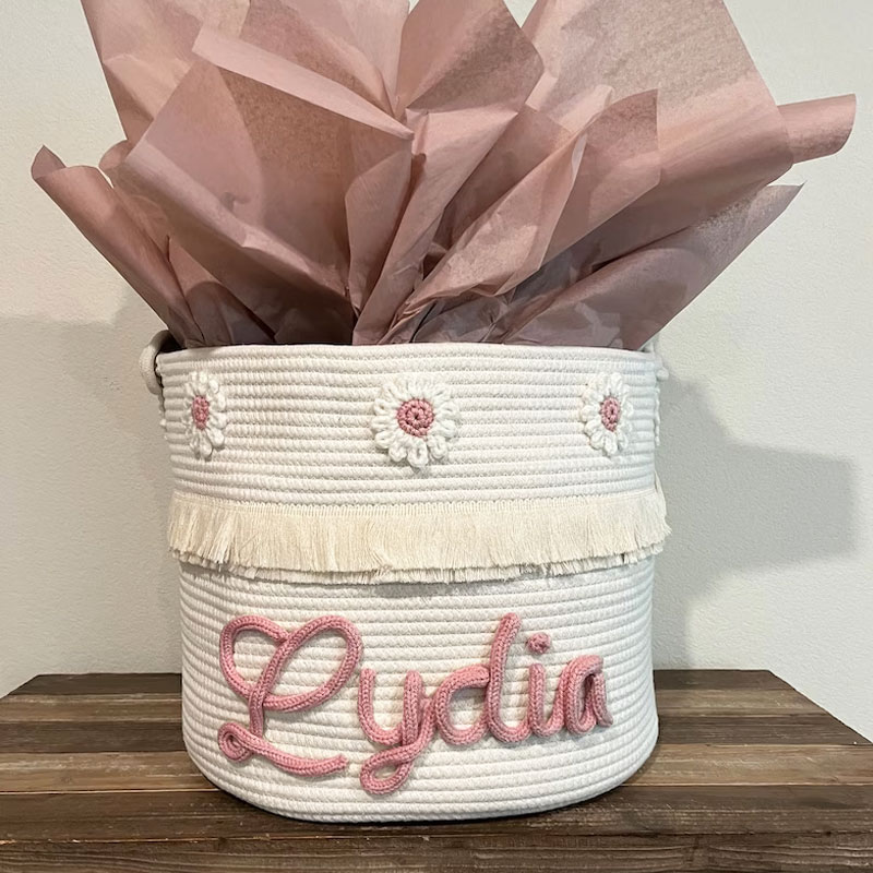 Baby Large Rope Name Basket Flowers Design