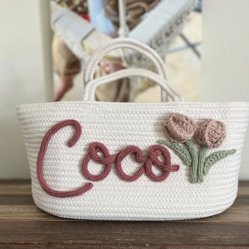 Baby Shower Gift Basket Tulips Flowers Rope Name
