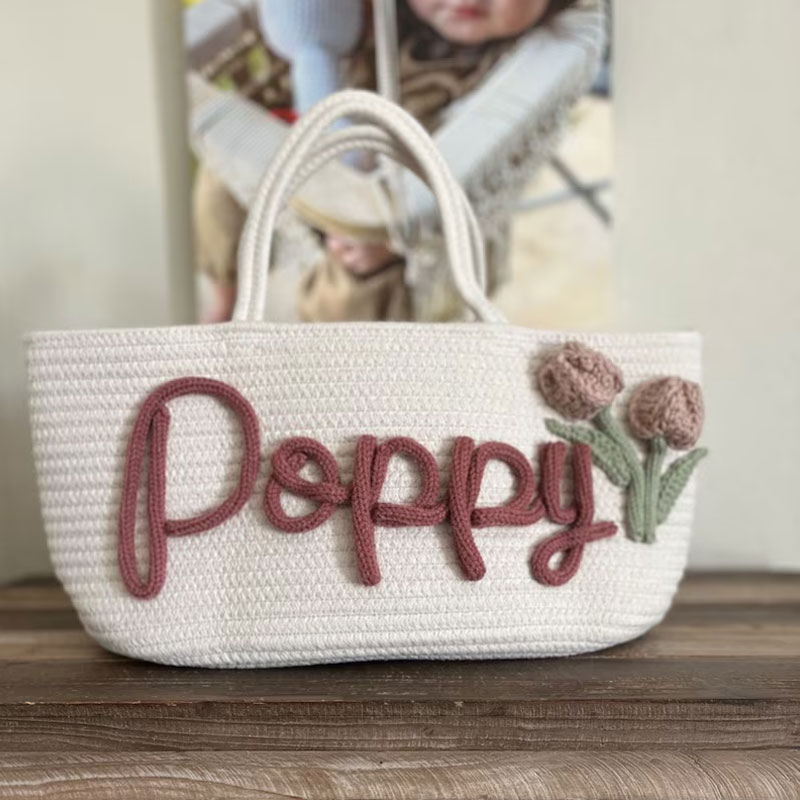 Baby Shower Gift Basket Tulips Flowers Rope Name