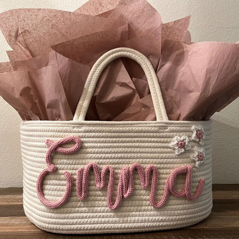 Baby Shower Gift Basket Tulips Flowers Rope Name