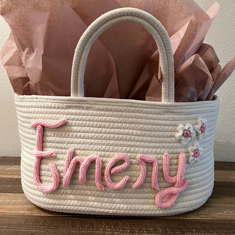 Baby Shower Gift Basket Tulips Flowers Rope Name