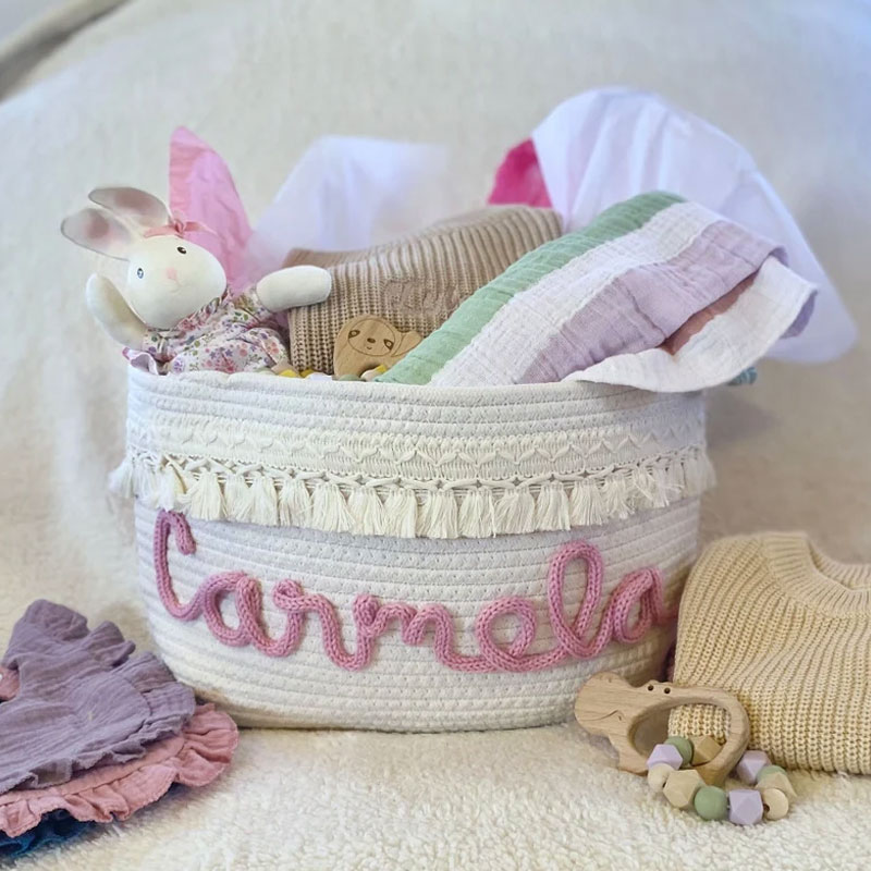 Baby shower personalized gift basket rope cotton basket