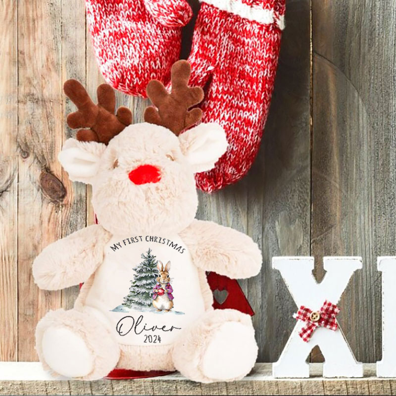 Personalised First Christmas Peter Bunny Baby Reindeer Toy