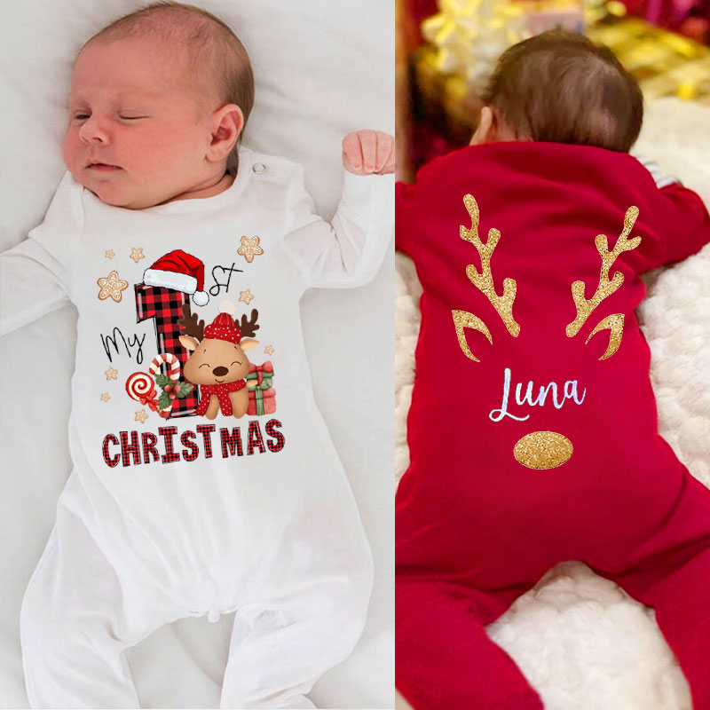 Personalised Cute Reindeer Baby 1st Christmas Romper