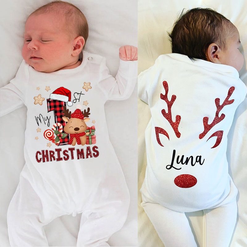Personalised Cute Reindeer Baby 1st Christmas Romper