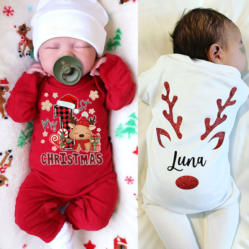 Personalised Cute Reindeer Baby 1st Christmas Romper