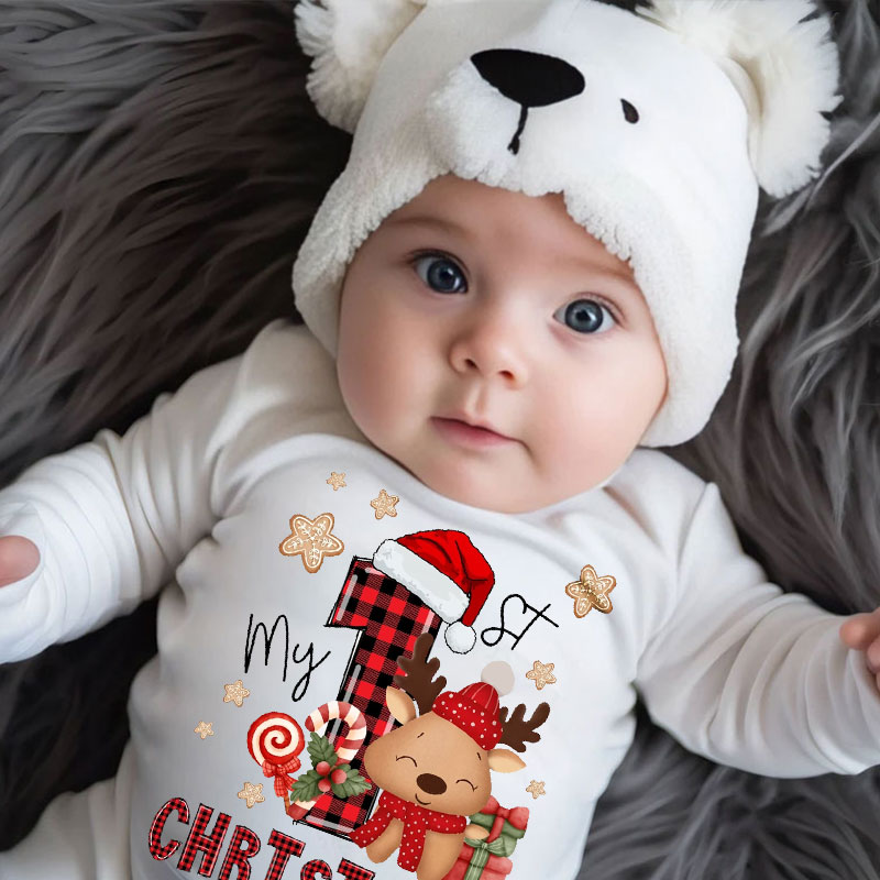 Personalised Cute Reindeer Baby 1st Christmas Romper