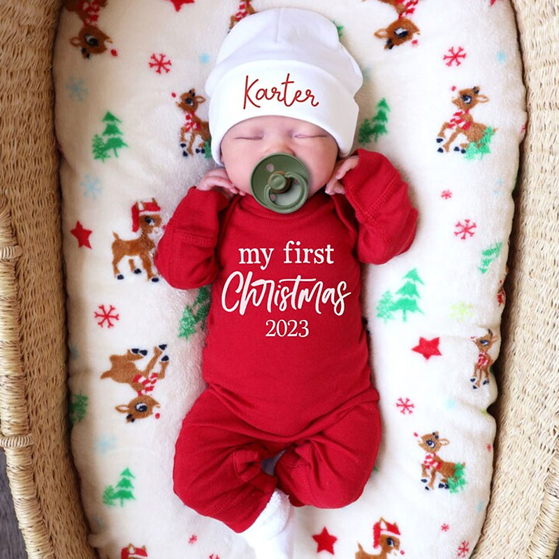 Personalized Newborn Baby 1st Christmas Outfit Set of 2