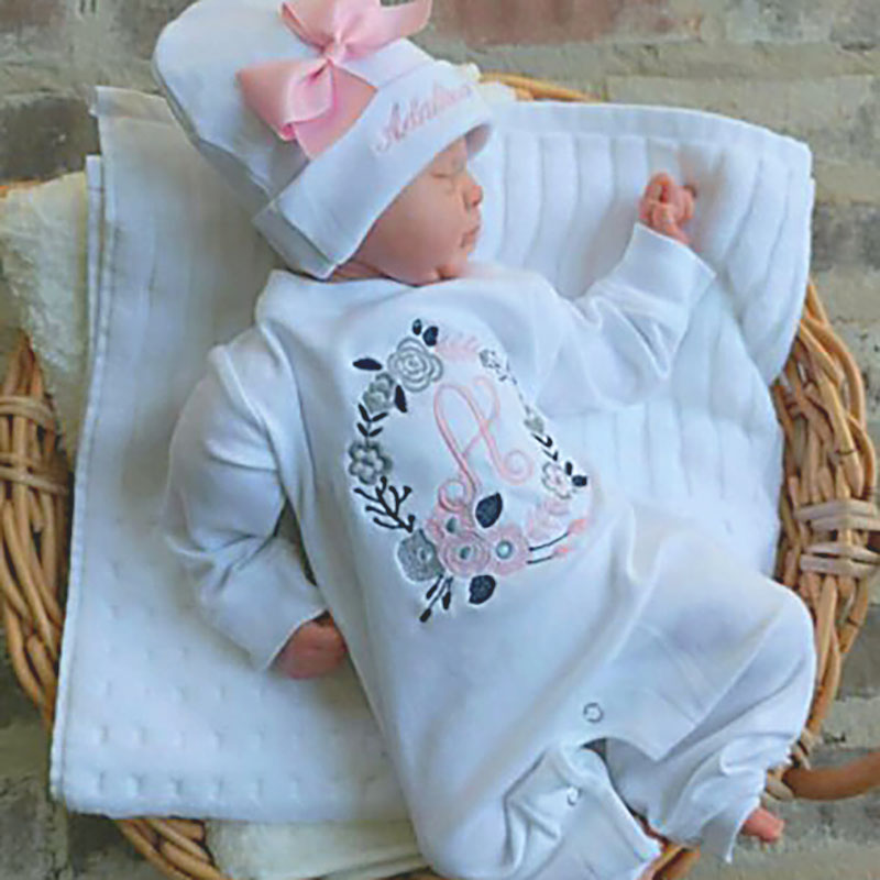 Newborn Girl Monogrammed Floral Footie Romper