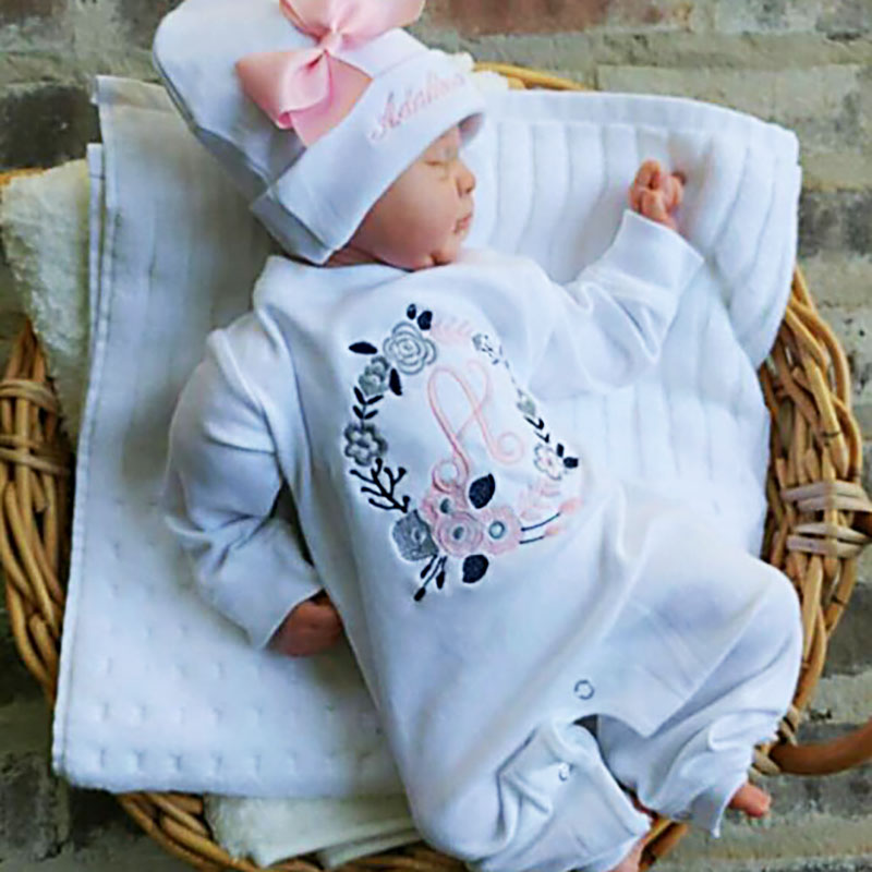 Newborn Girl Monogrammed Floral Footie Romper