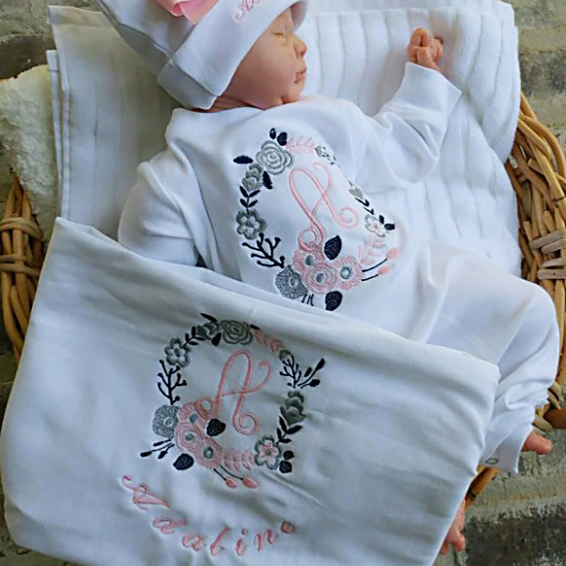 Newborn Girl Monogrammed Floral Footie Romper