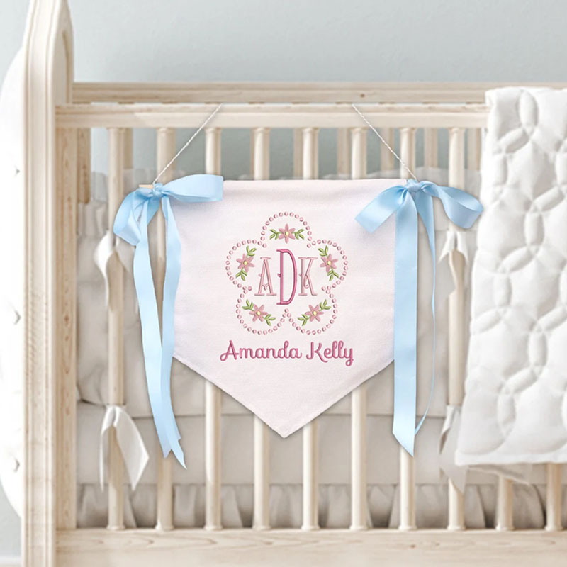 Custom Baby Banner Embroidered Flower With Bows
