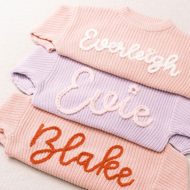 Custom Baby Name  And Flowers Hand Embroidered Sweater